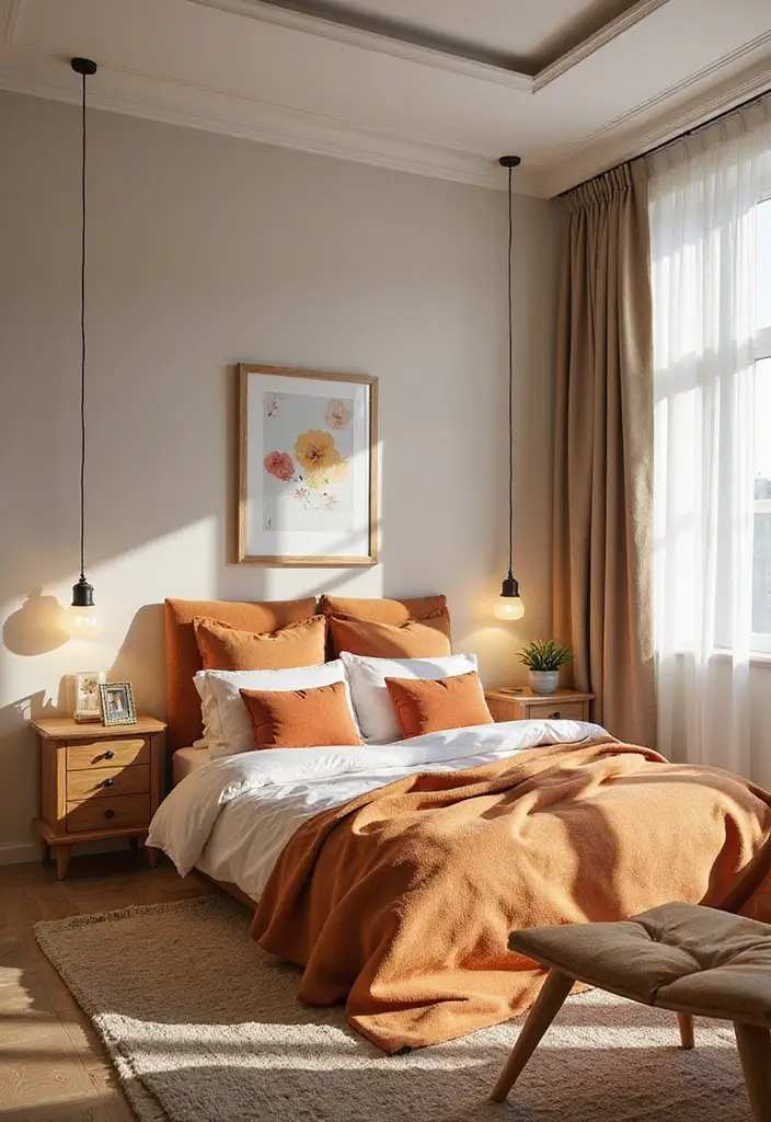 25 Bedroom Decor Ideas with Light Wood Furniture and Neutral Tones - 13. Warm Color Pops