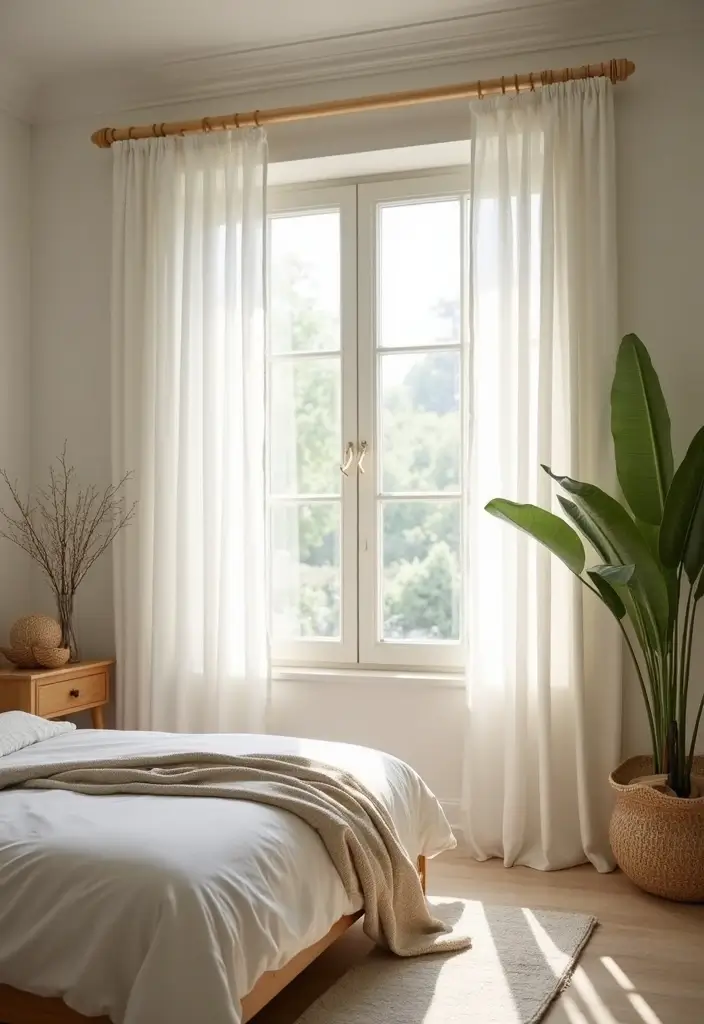 25 Bedroom Decor Ideas with Light Wood Furniture and Neutral Tones - 14. Elegant Window Treatments
