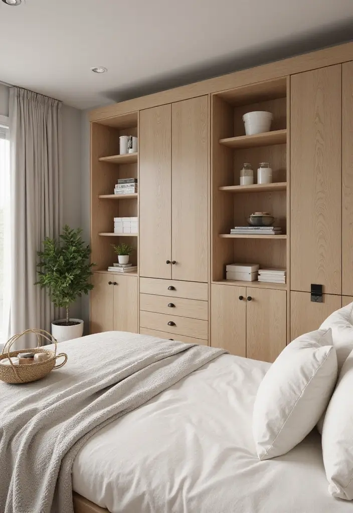 25 Bedroom Decor Ideas with Light Wood Furniture and Neutral Tones - 17. Built-In Storage Solutions