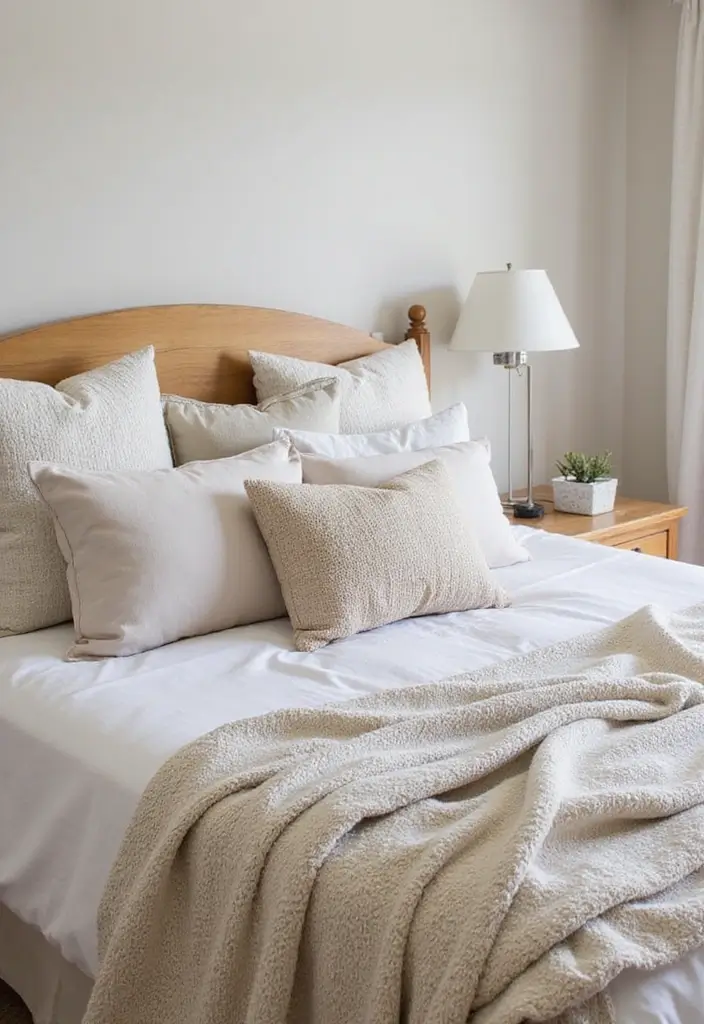 25 Bedroom Decor Ideas with Light Wood Furniture and Neutral Tones - 18. Textured Pillows and Throws