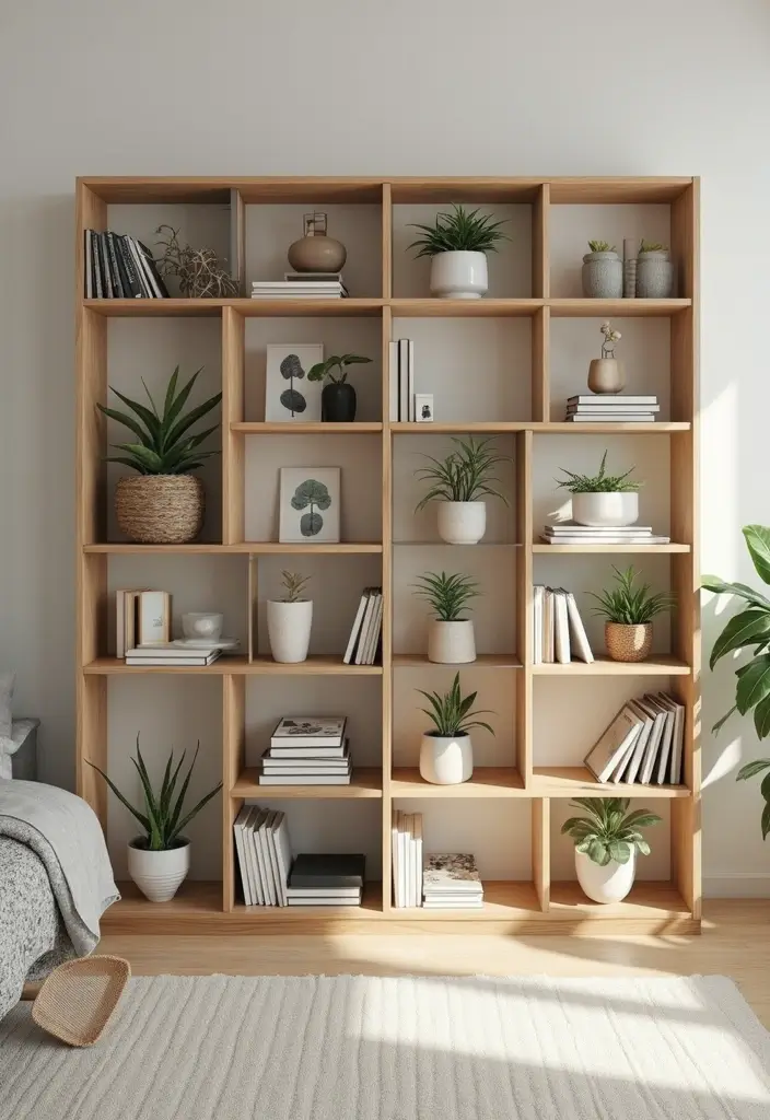 25 Bedroom Decor Ideas with Light Wood Furniture and Neutral Tones - 20. Creative Bookshelves