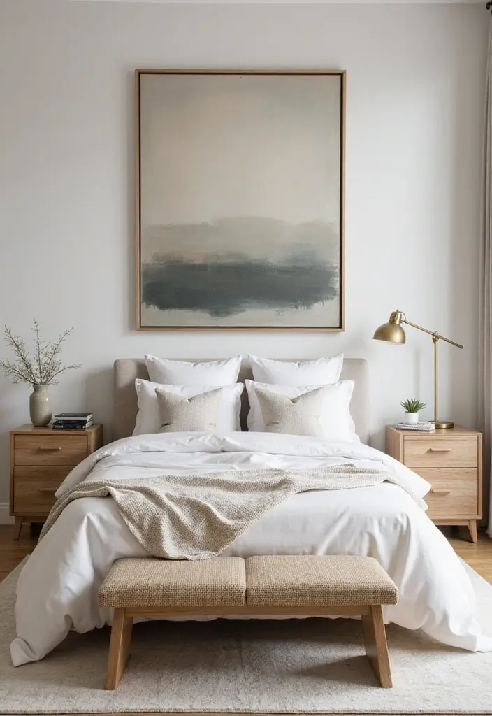 25 Bedroom Decor Ideas with Light Wood Furniture and Neutral Tones - 8. Statement Art Piece