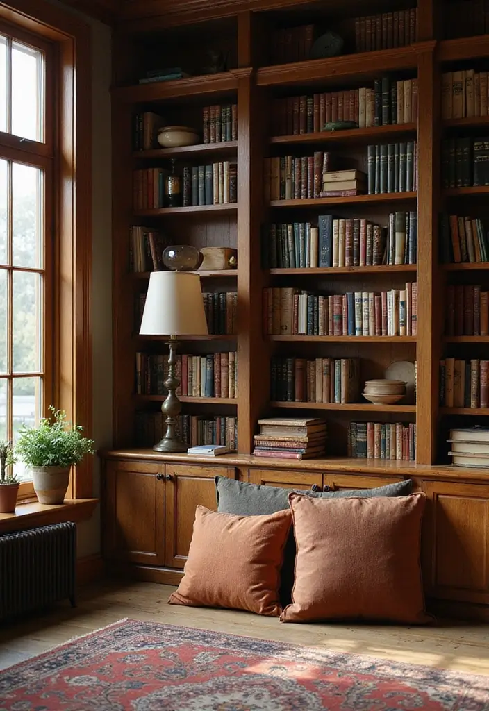 25 Cherry Wood Living Room Decor Ideas That Add Rich Warmth - 15. Cherry Wood Bookends for a Cozy Library Nook