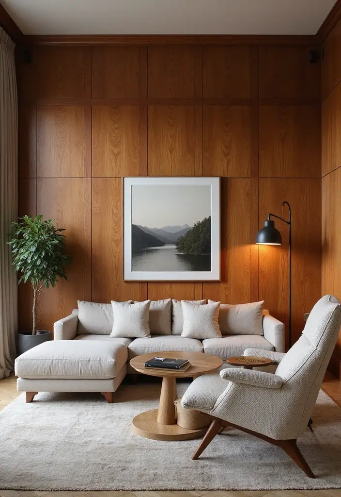 25 Cherry Wood Living Room Decor Ideas That Add Rich Warmth - 16. Cherry Wood Wall Panels