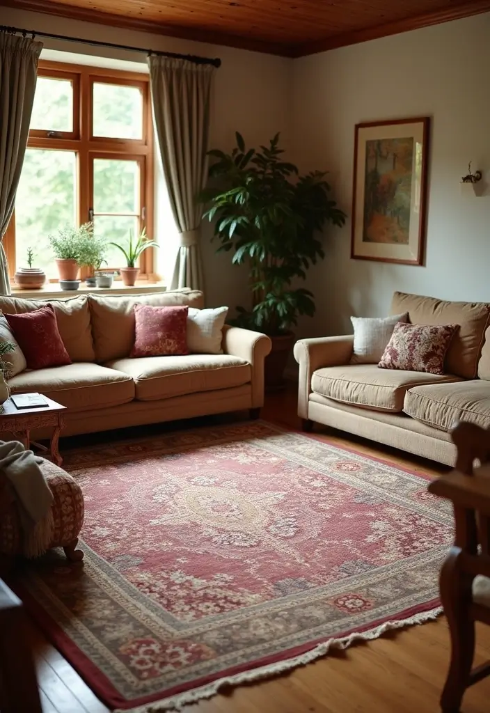 25 Cherry Wood Living Room Decor Ideas That Add Rich Warmth - 17. Cherry Wood Rugs for Texture
