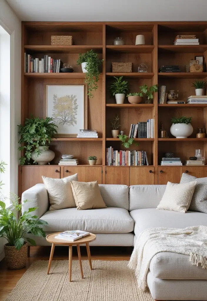 25 Cherry Wood Living Room Decor Ideas That Add Rich Warmth - 4. Cherry Wood Shelving for Display