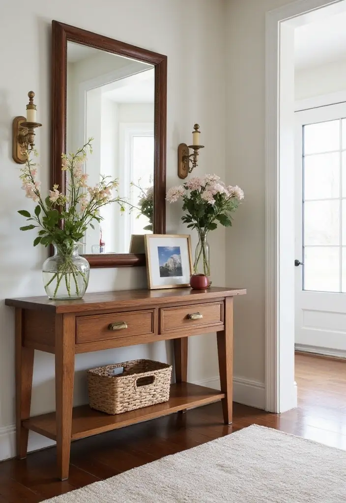 25 Cherry Wood Living Room Decor Ideas That Add Rich Warmth - 7. Cherry Wood Console Table in Entryway