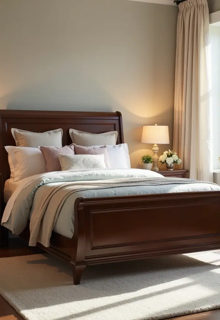25 Dark Wood Sleigh Bed Decor Ideas for Elegant Bedrooms - 1. Embrace Contrast with Light Accents