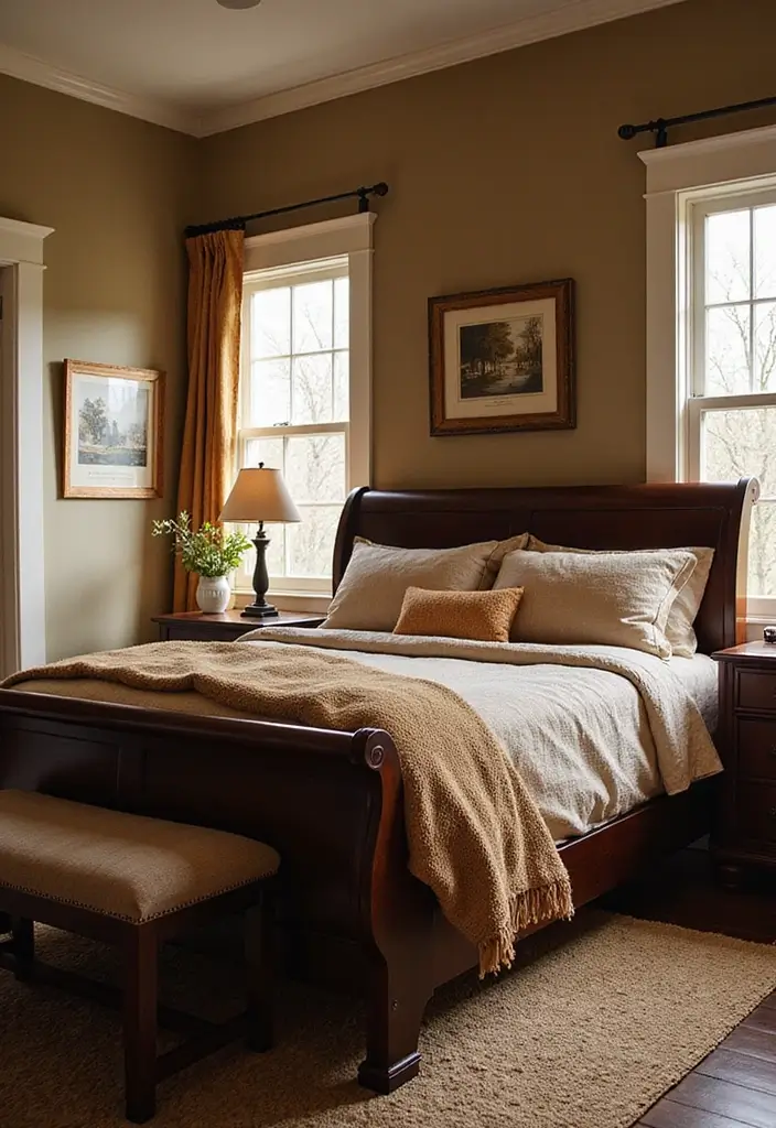 25 Dark Wood Sleigh Bed Decor Ideas for Elegant Bedrooms - 10. Choose a Cozy Color Palette