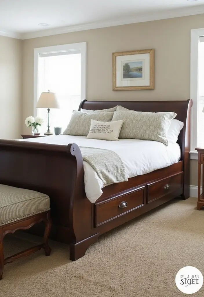 25 Dark Wood Sleigh Bed Decor Ideas for Elegant Bedrooms - 11. Multi-functional Decor