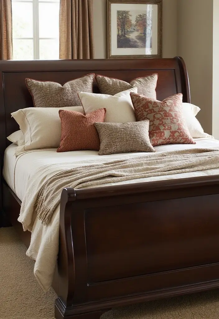 25 Dark Wood Sleigh Bed Decor Ideas for Elegant Bedrooms - 12. Artistic Throw Pillows
