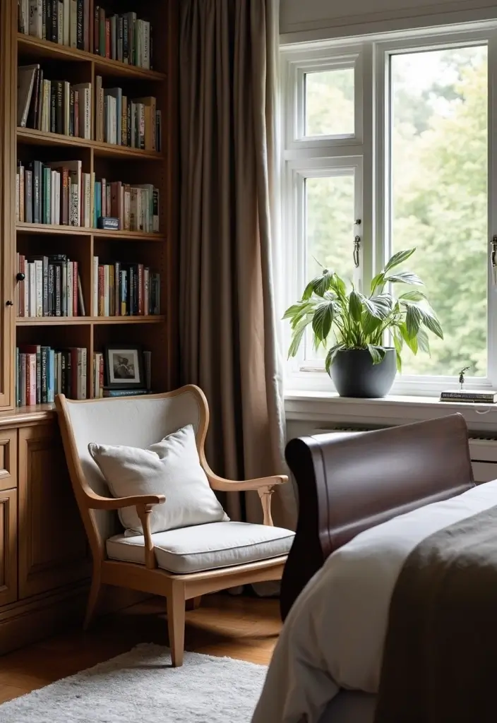 25 Dark Wood Sleigh Bed Decor Ideas for Elegant Bedrooms - 13. Create a Reading Nook