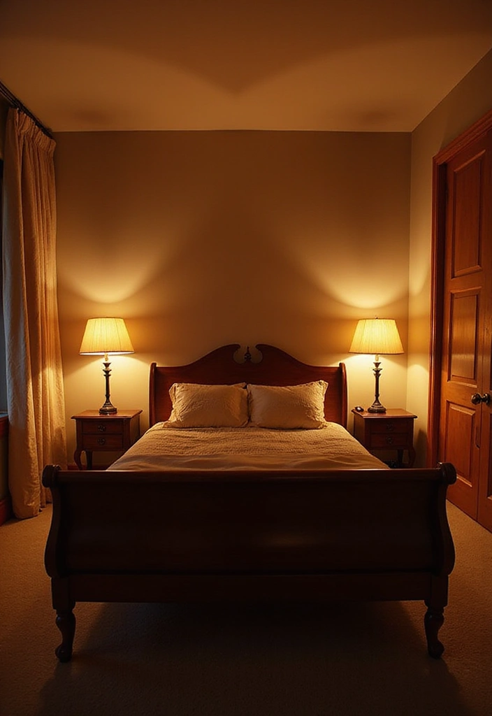 25 Dark Wood Sleigh Bed Decor Ideas for Elegant Bedrooms - 14. Cozy, Warm Lighting