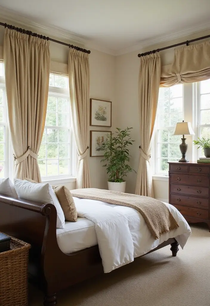 25 Dark Wood Sleigh Bed Decor Ideas for Elegant Bedrooms - 16. Elegant Window Treatments