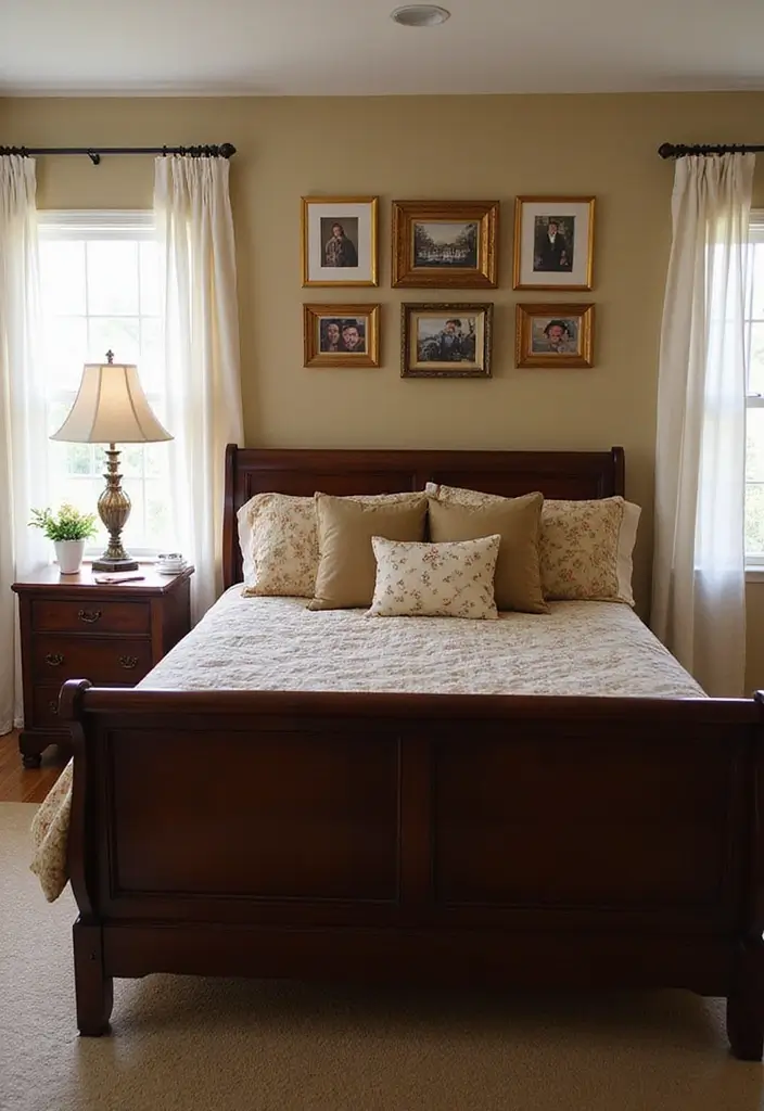 25 Dark Wood Sleigh Bed Decor Ideas for Elegant Bedrooms - 19. Personal Touches with Photos