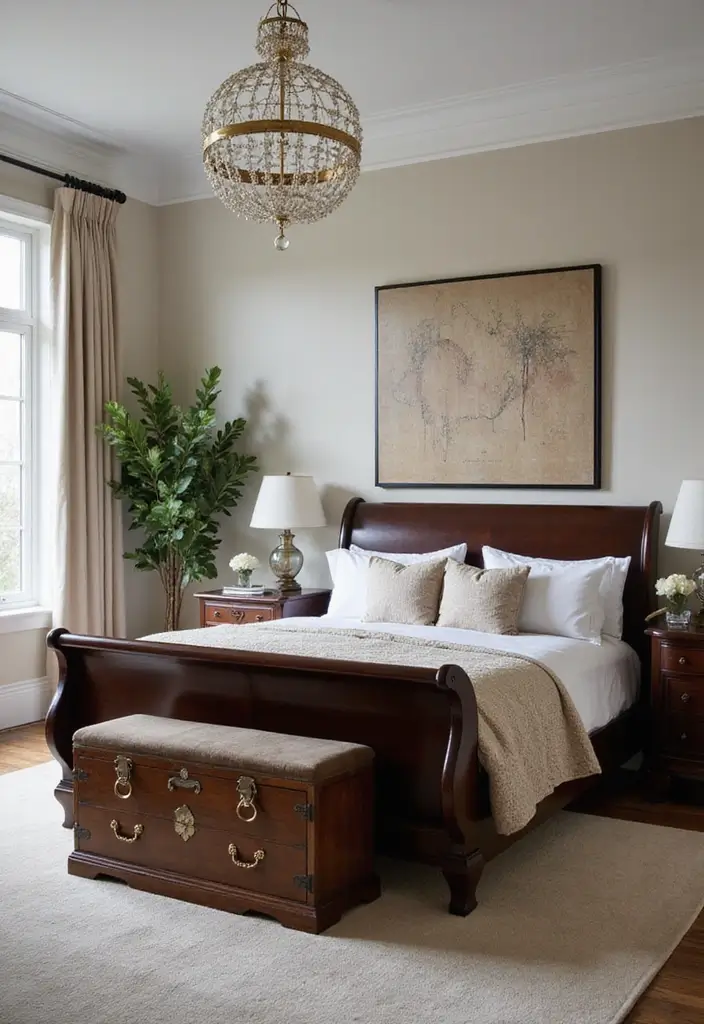 25 Dark Wood Sleigh Bed Decor Ideas for Elegant Bedrooms - 20. Statement Furniture Pieces