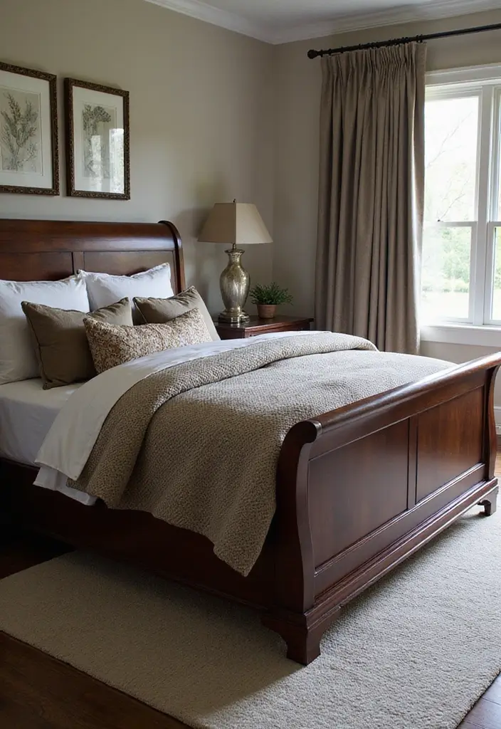 25 Dark Wood Sleigh Bed Decor Ideas for Elegant Bedrooms - 21. Harmonizing Texture and Color