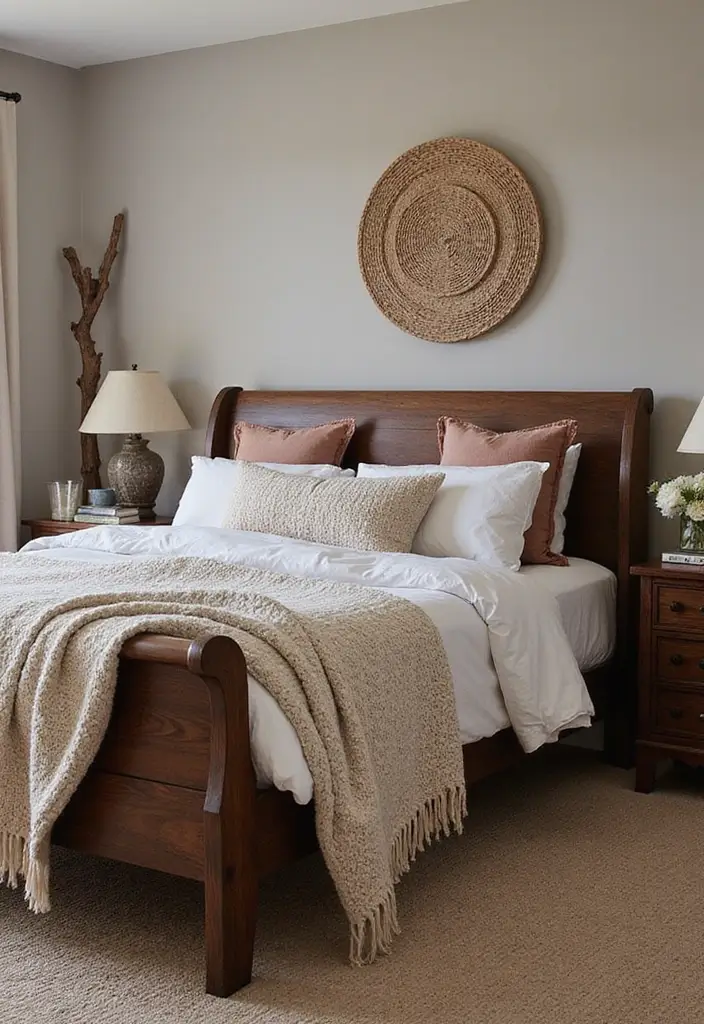 25 Dark Wood Sleigh Bed Decor Ideas for Elegant Bedrooms - 24. Textures in Decor