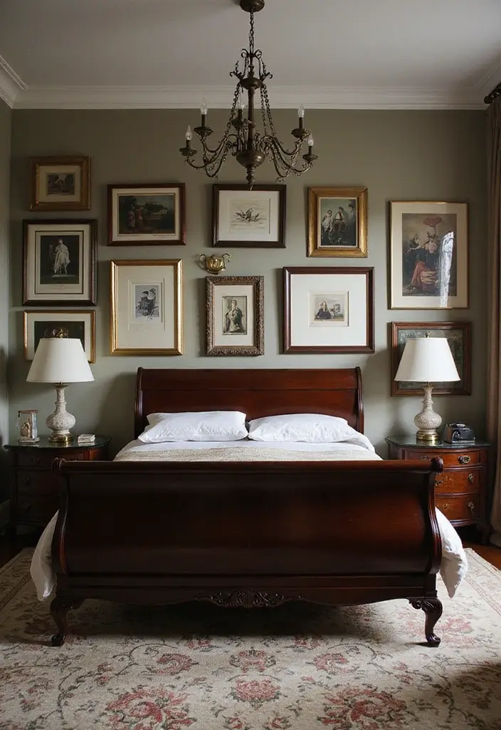 25 Dark Wood Sleigh Bed Decor Ideas for Elegant Bedrooms - 3. Elegant Wall Art Displays