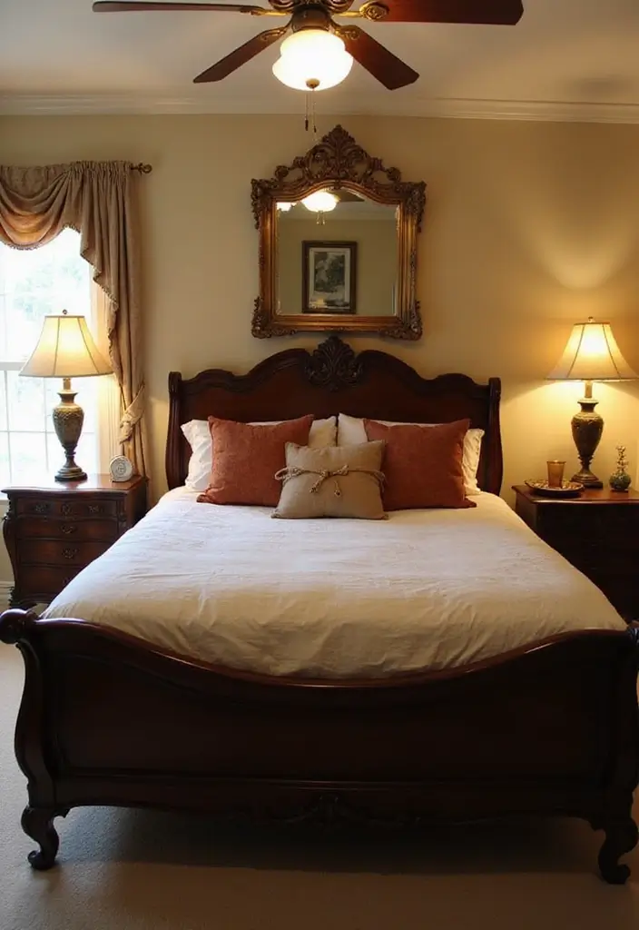 25 Dark Wood Sleigh Bed Decor Ideas for Elegant Bedrooms - 4. Incorporate Vintage Accents