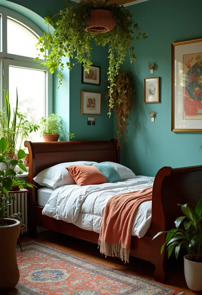 25 Dark Wood Sleigh Bed Decor Ideas for Elegant Bedrooms - 6. Add Greenery for a Fresh Touch