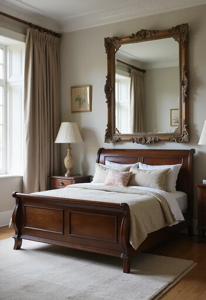 25 Dark Wood Sleigh Bed Decor Ideas for Elegant Bedrooms - 7. Utilize Statement Mirrors