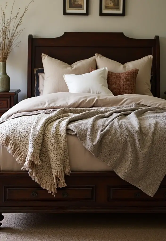 25 Dark Wood Sleigh Bed Decor Ideas for Elegant Bedrooms - 8. Use Layered Bedding