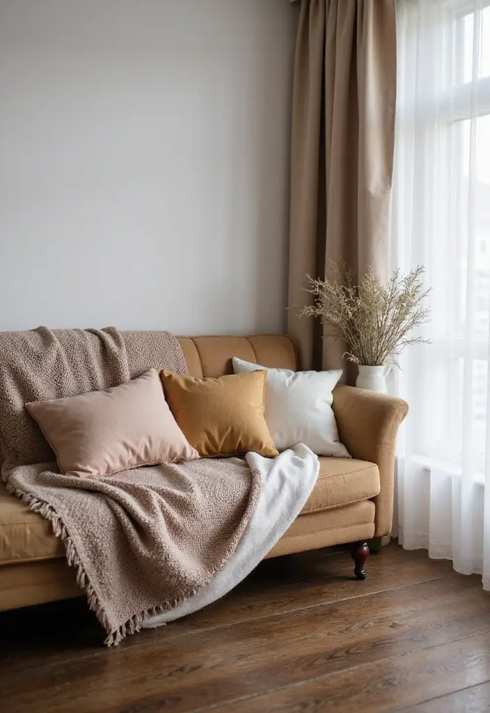 25 Decor Ideas That Match Perfectly with Dark Wood Floors - 2. Cozy Textiles in Warm Tones