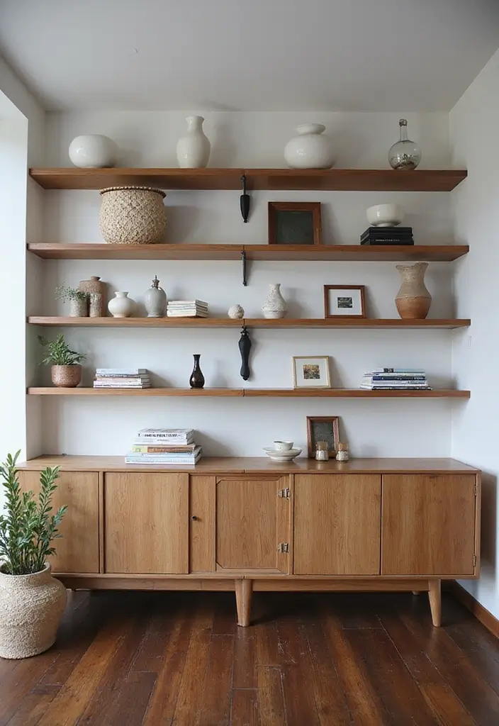 25 Decor Ideas That Match Perfectly with Dark Wood Floors - 8. Open Shelving for Display and Storage