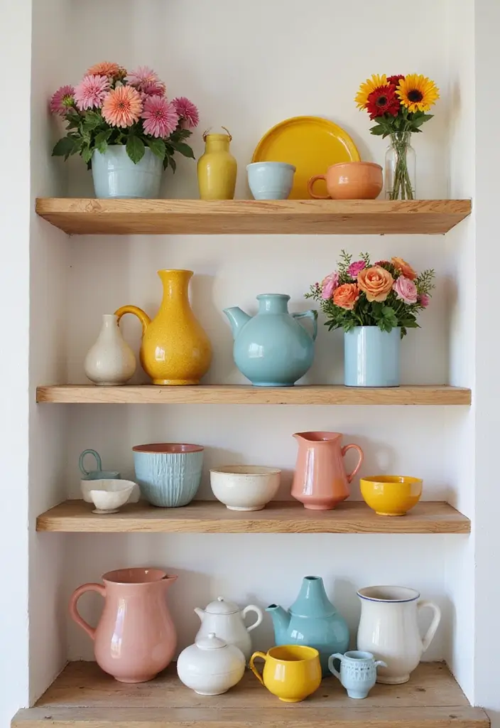 25 Dining Room Shelf Decor Ideas with Wooden Accents - 15. Neutral Base with Pops of Color