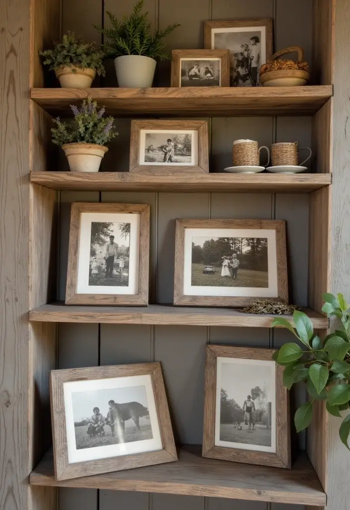 25 Dining Room Shelf Decor Ideas with Wooden Accents - 17. Rustic Frames