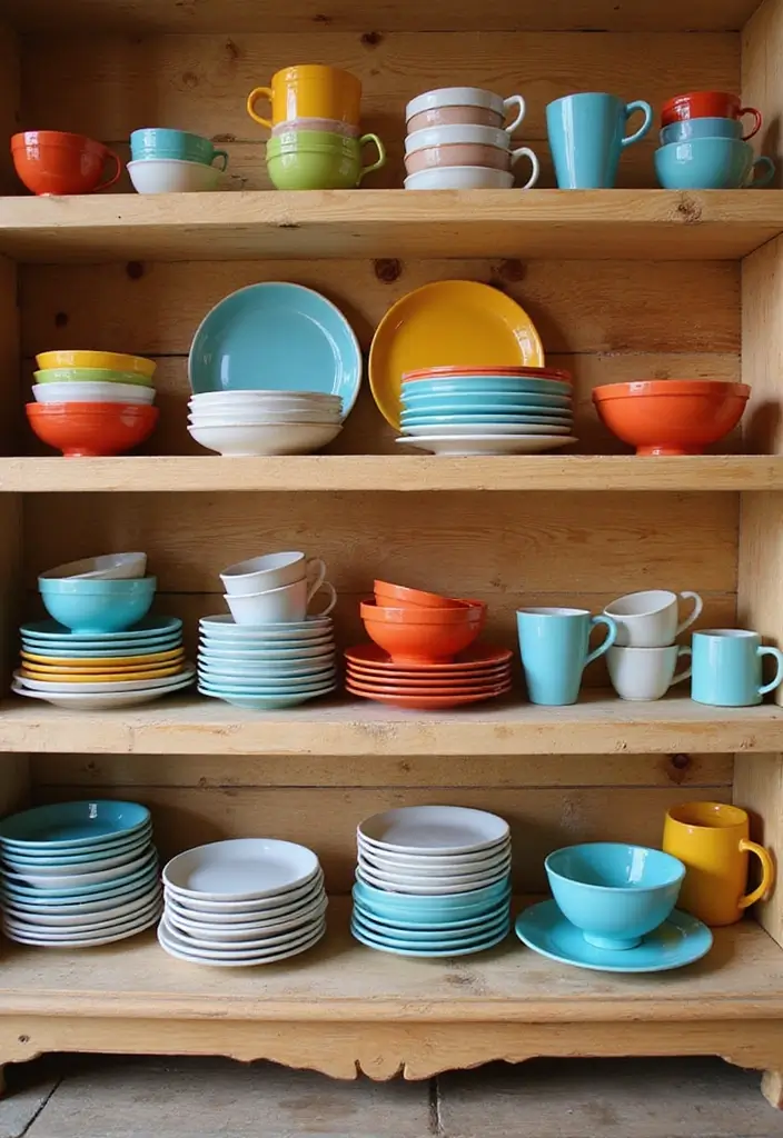 25 Dining Room Shelf Decor Ideas with Wooden Accents - 20. Colorful Dishware