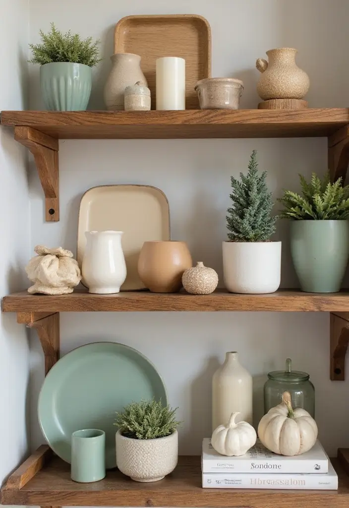 25 Dining Room Shelf Decor Ideas with Wooden Accents - 7. Color Palette Cohesion