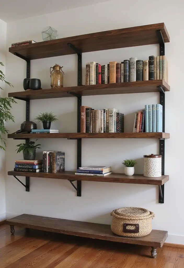 25 Living Room Decor Ideas Featuring Rich Dark Wood Finishes - 11. Functional Dark Wood Shelving