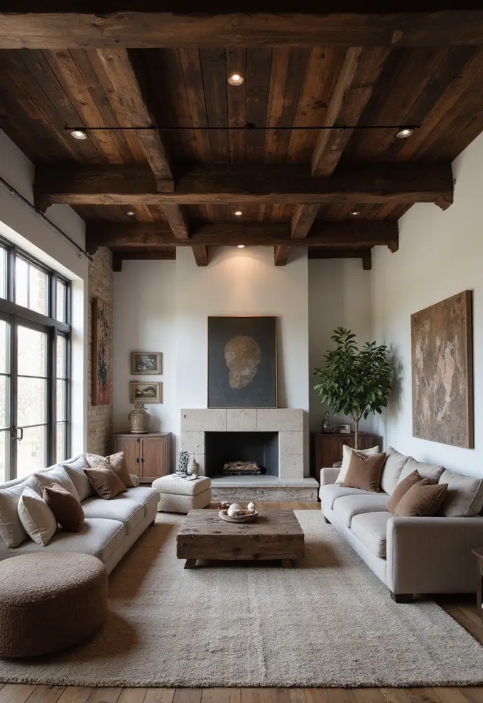25 Living Room Decor Ideas Featuring Rich Dark Wood Finishes - 14. Dark Wood Beams for a Dramatic Effect