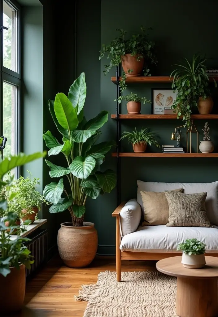 25 Living Room Decor Ideas Featuring Rich Dark Wood Finishes - 15. Dark Wood with Greenery