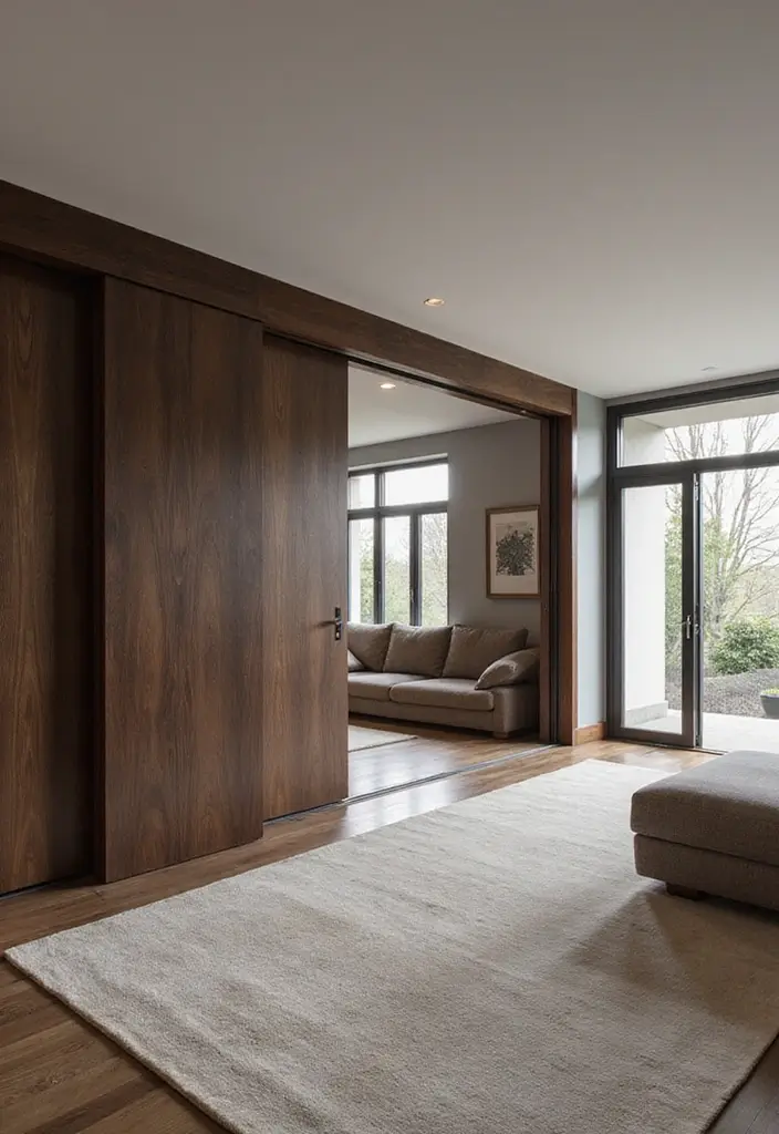 25 Living Room Decor Ideas Featuring Rich Dark Wood Finishes - 16. Dark Wood Sliding Doors