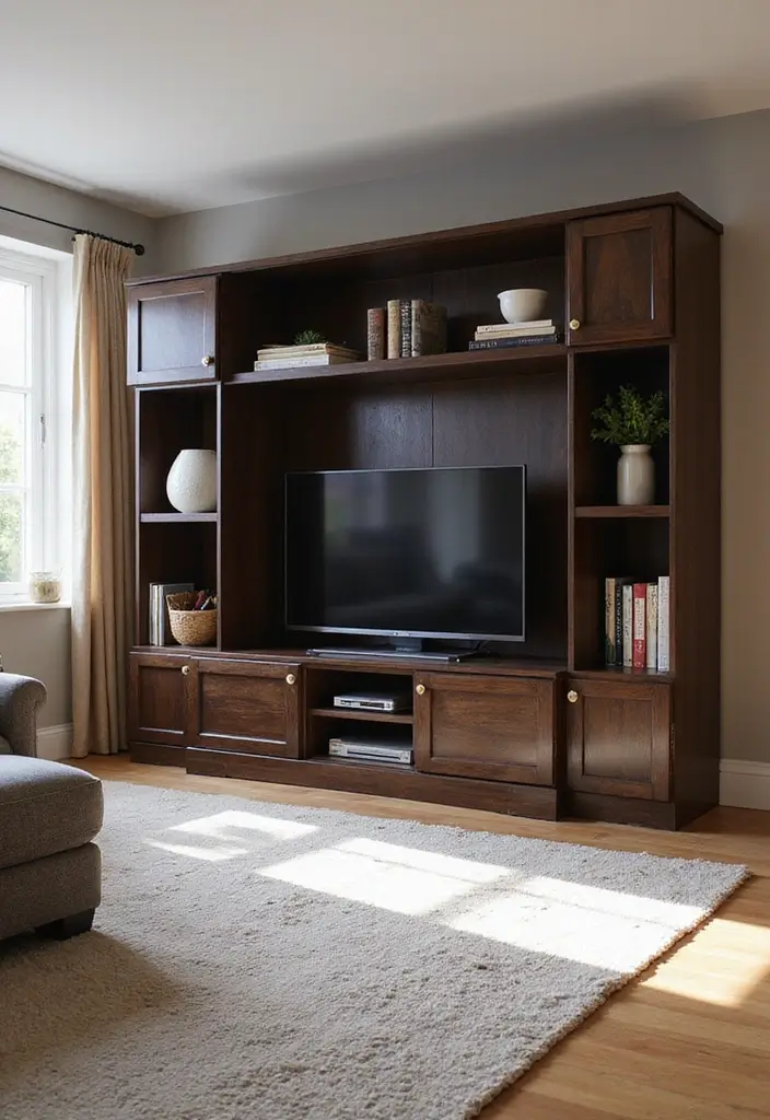 25 Living Room Decor Ideas Featuring Rich Dark Wood Finishes - 18. Dark Wood Entertainment Center