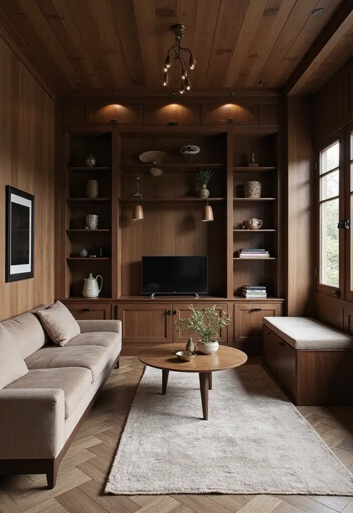 25 Living Room Decor Ideas Featuring Rich Dark Wood Finishes - 21. Dark Wood Built-In Features