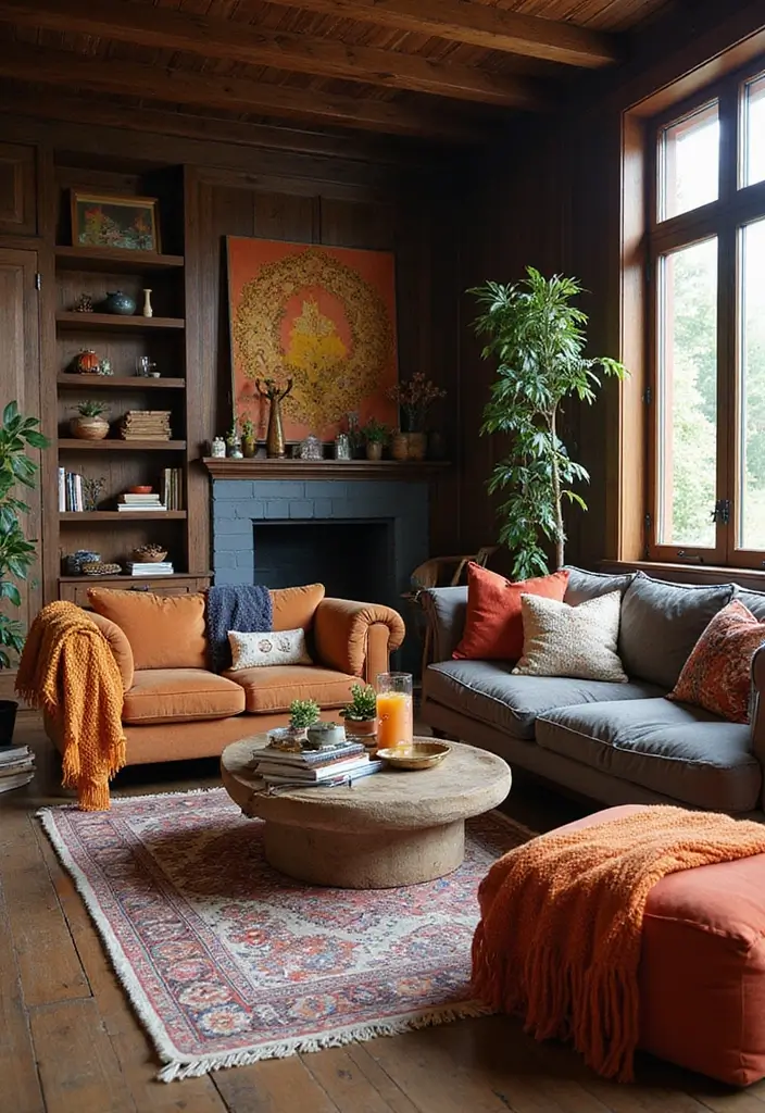 25 Living Room Decor Ideas Featuring Rich Dark Wood Finishes - 23. Dark Wood for a Modern Bohemian Vibe
