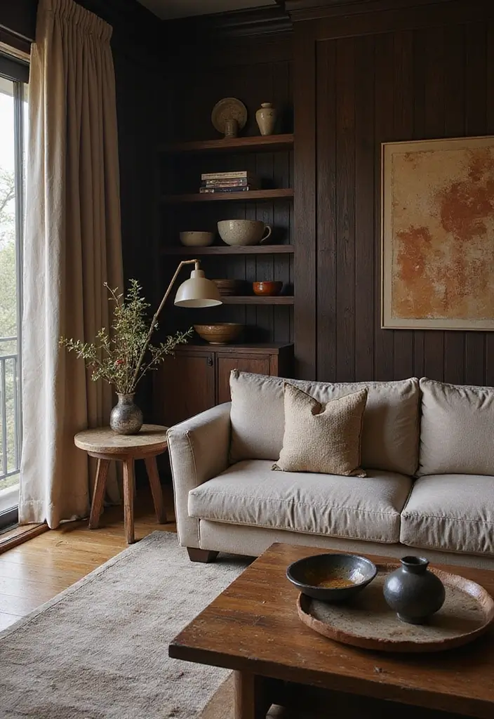 25 Living Room Decor Ideas Featuring Rich Dark Wood Finishes - 5. Layering Textures with Dark Wood Finishes