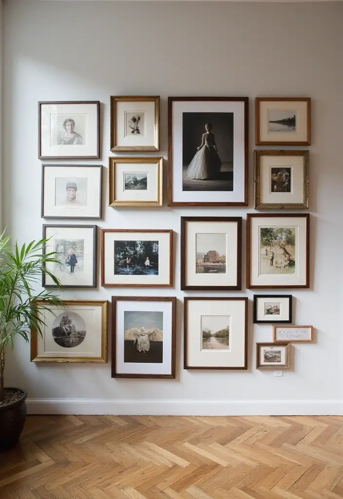 25 Living Room Decor Ideas Featuring Rich Dark Wood Finishes - 6. Create a Gallery Wall with Dark Wood Frames
