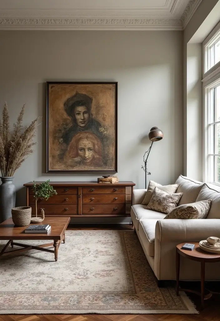 25 Living Room Decor Ideas Featuring Rich Dark Wood Finishes - 8. Merging Old and New with Dark Wood