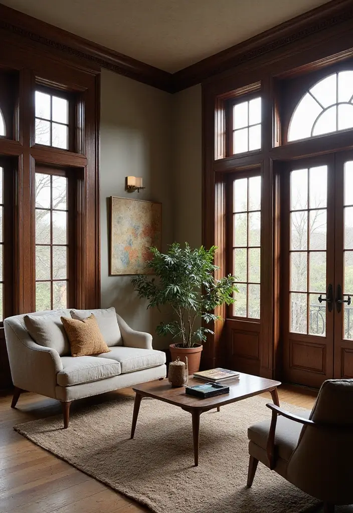 25 Living Room Decor Ideas Featuring Rich Dark Wood Finishes - 9. Highlighting Architectural Details with Dark Wood