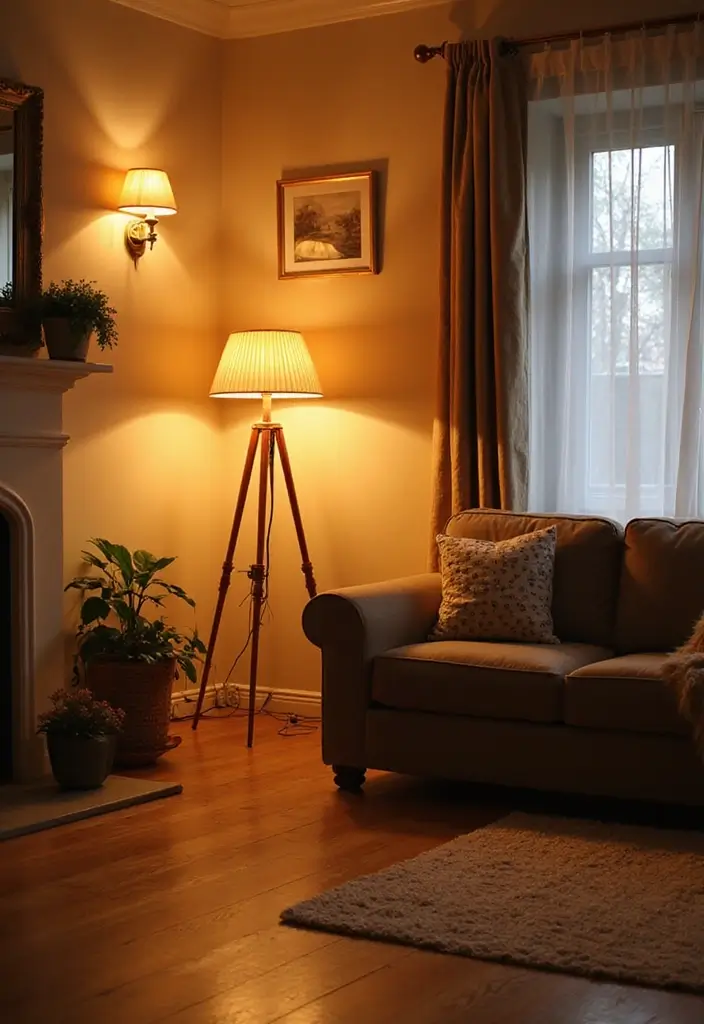 25 Living Room Decor Ideas with Natural Wood Floors 29 25 Living Room Decor Ideas with Natural Wood Floors - 7. Layered Lighting for Cozy Evenings
