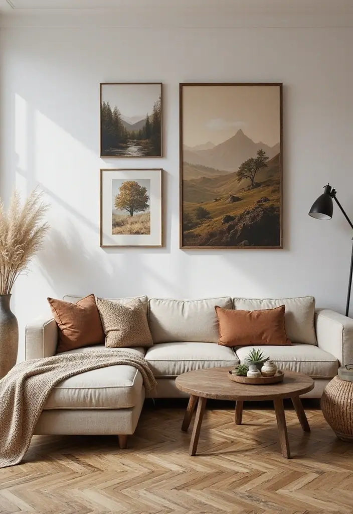 25 Living Room Decor Ideas with Natural Wood Floors 41 25 Living Room Decor Ideas with Natural Wood Floors - 9. Incorporate Art with Natural Themes
