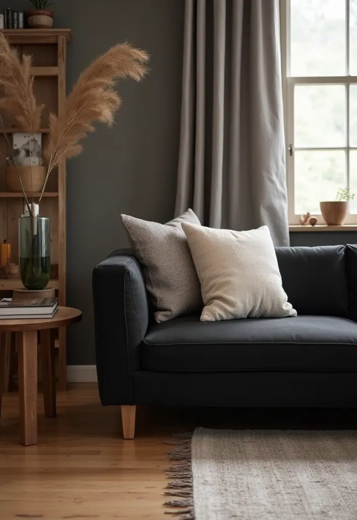 27 Black and Wood Living Room Decor Ideas That Feel Sleek and Cozy 1 27 Black and Wood Living Room Decor Ideas That Feel Sleek and Cozy - 1. Sleek Black Sofa with Wooden Legs