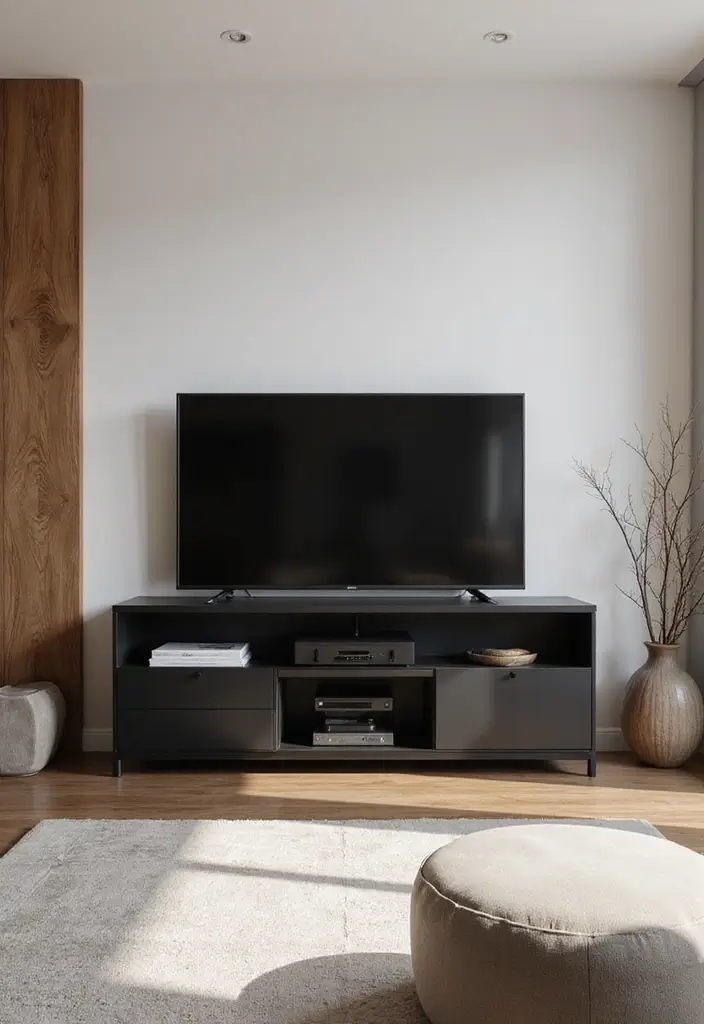 27 Black and Wood Living Room Decor Ideas That Feel Sleek and Cozy 58 27 Black and Wood Living Room Decor Ideas That Feel Sleek and Cozy - 12. Minimalist Black TV Console