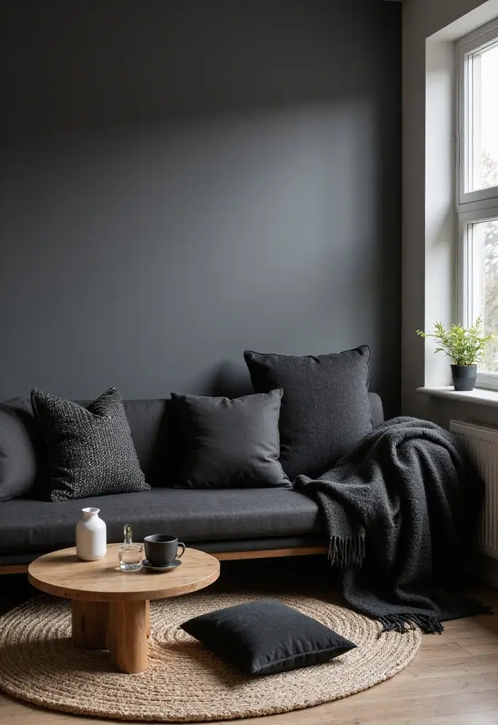 27 Black and Wood Living Room Decor Ideas That Feel Sleek and Cozy 72 27 Black and Wood Living Room Decor Ideas That Feel Sleek and Cozy - 18. Black and Wood Layered Textiles
