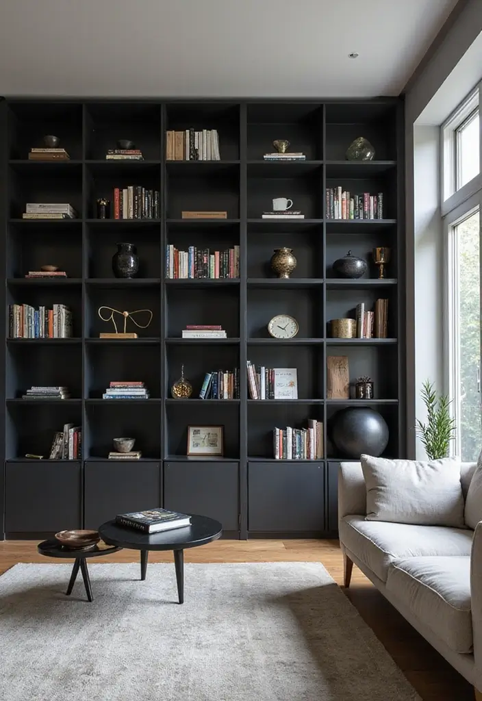 27 Black and Wood Living Room Decor Ideas That Feel Sleek and Cozy 87 27 Black and Wood Living Room Decor Ideas That Feel Sleek and Cozy - 21. Black Bookshelves